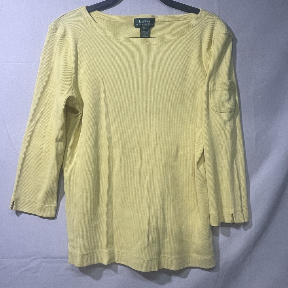VTG Lauren Ralph Lauren Shirt Womens XLarge Yellow Ribbed Cotton Knit 3/4 Sleeve